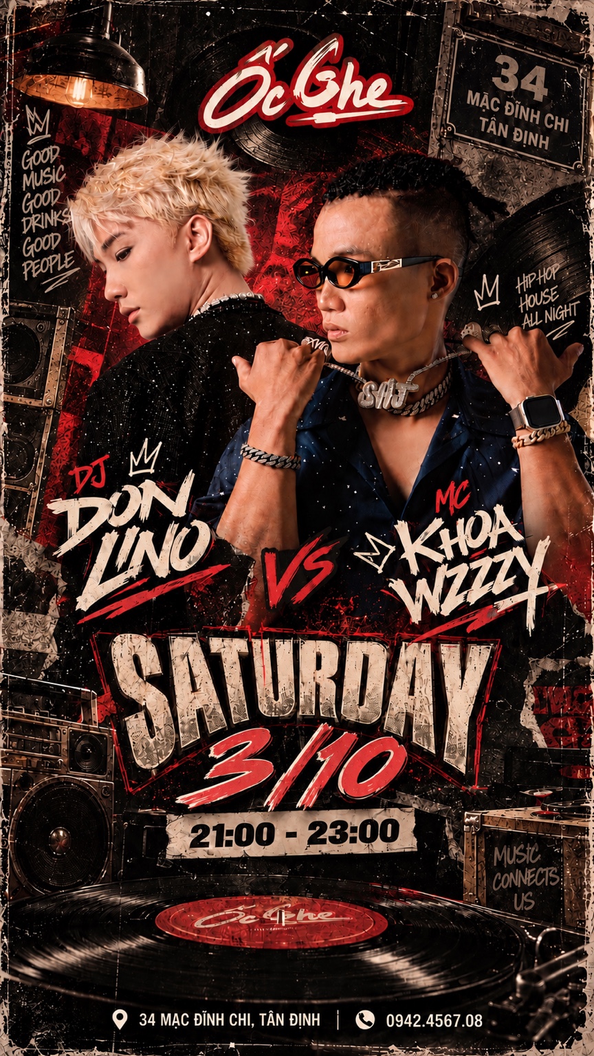 Poster chương trình Ốc Ghe thứ Bảy 3/10, DJ Don Lino và MC Khoa Wzzzy, 21:00 đến 23:00
